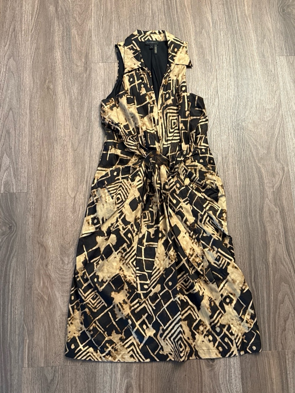 Vintage Donna Karan Black and beige geometric patterned midi dress